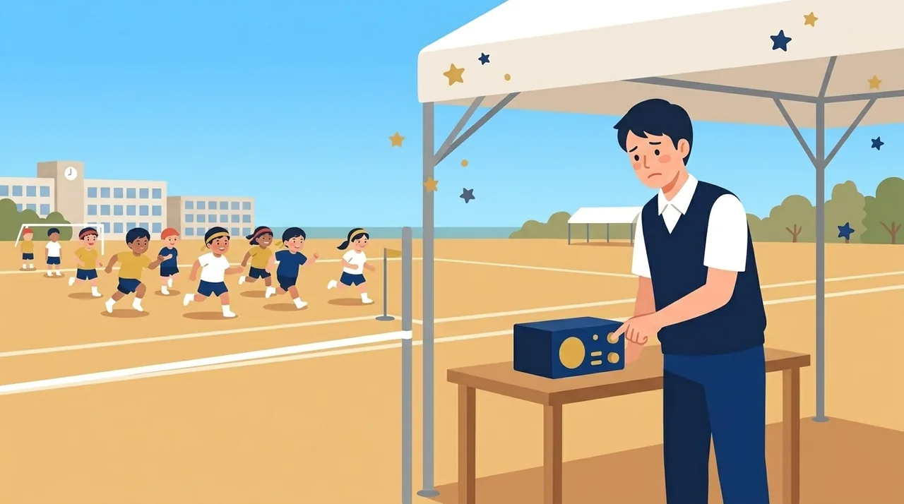 運動会のイラスト。運動場の端のテントの下で、先生が机の上の機材の前から離れられず、困った顔で操作している。遠くで子どもたちが走っている