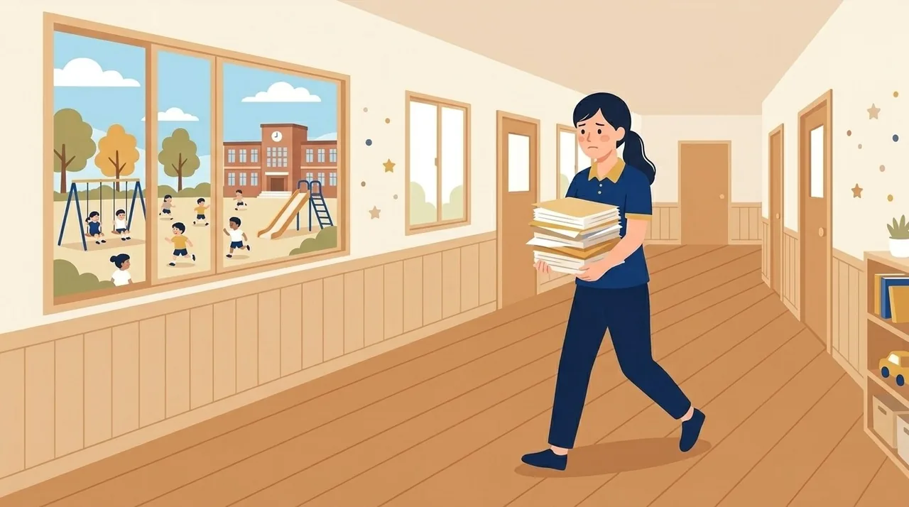 校舎の廊下のイラスト。先生が書類を抱えたまま、少し困った顔で急ぎ足に放送室へ向かっている。窓の外に校庭と校舎が見える