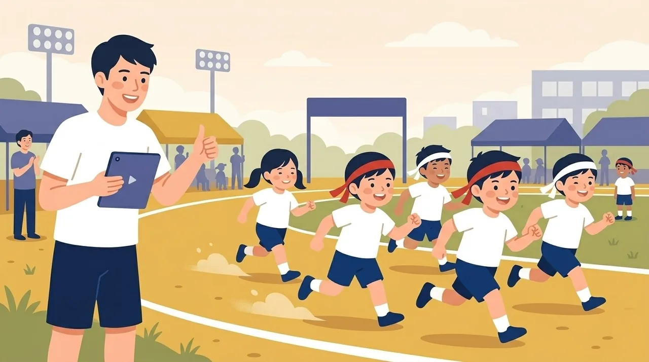 運動会のイラスト。先生がタブレットを手に持ち、笑顔で子どもたちの徒競走を見守っている