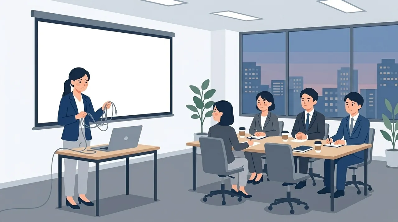 会議室のイラスト。前方のスクリーンに何も映らず、担当者がノートパソコンの横でケーブルを手に困った顔をしている。席の参加者たちは待たされている