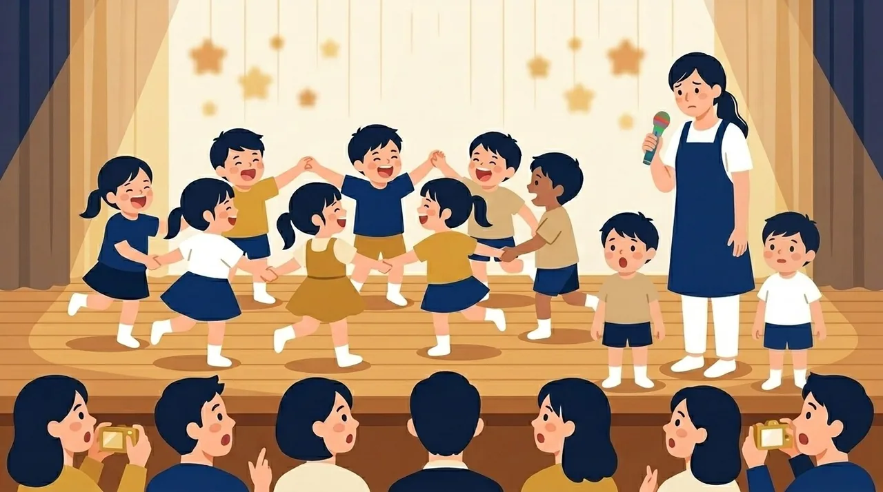 お遊戯会のイラスト。舞台で園児たちが輪になって踊る中、マイクを持った先生が困った顔をし、近くの園児と客席の保護者が驚いている