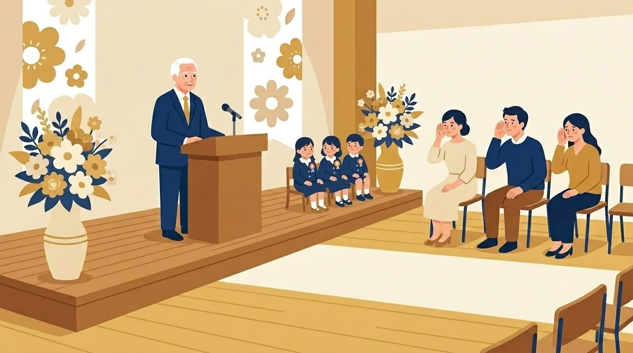 卒園式のイラスト。来賓の年配の男性が演台で挨拶し、後方の保護者たちが耳に手を添えて聞き取ろうとしている