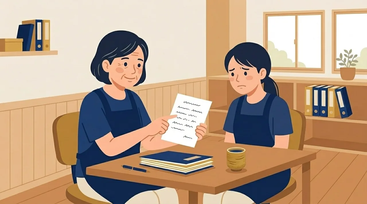 職員室のイラスト。ベテランの先生が手書きのメモを見せながら説明し、若い先生が少し不安そうにメモを見ている