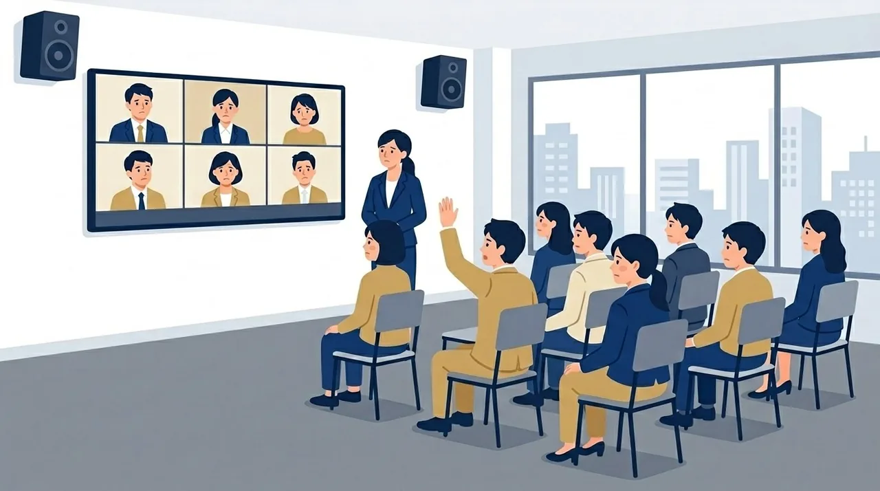 会議室のイラスト。会場の参加者が手を挙げて質問しているが、前方の画面に映るオンライン参加者たちは聞こえずに困った顔をしている。司会者が前に立ち、画面の左右の壁にスピーカーがある