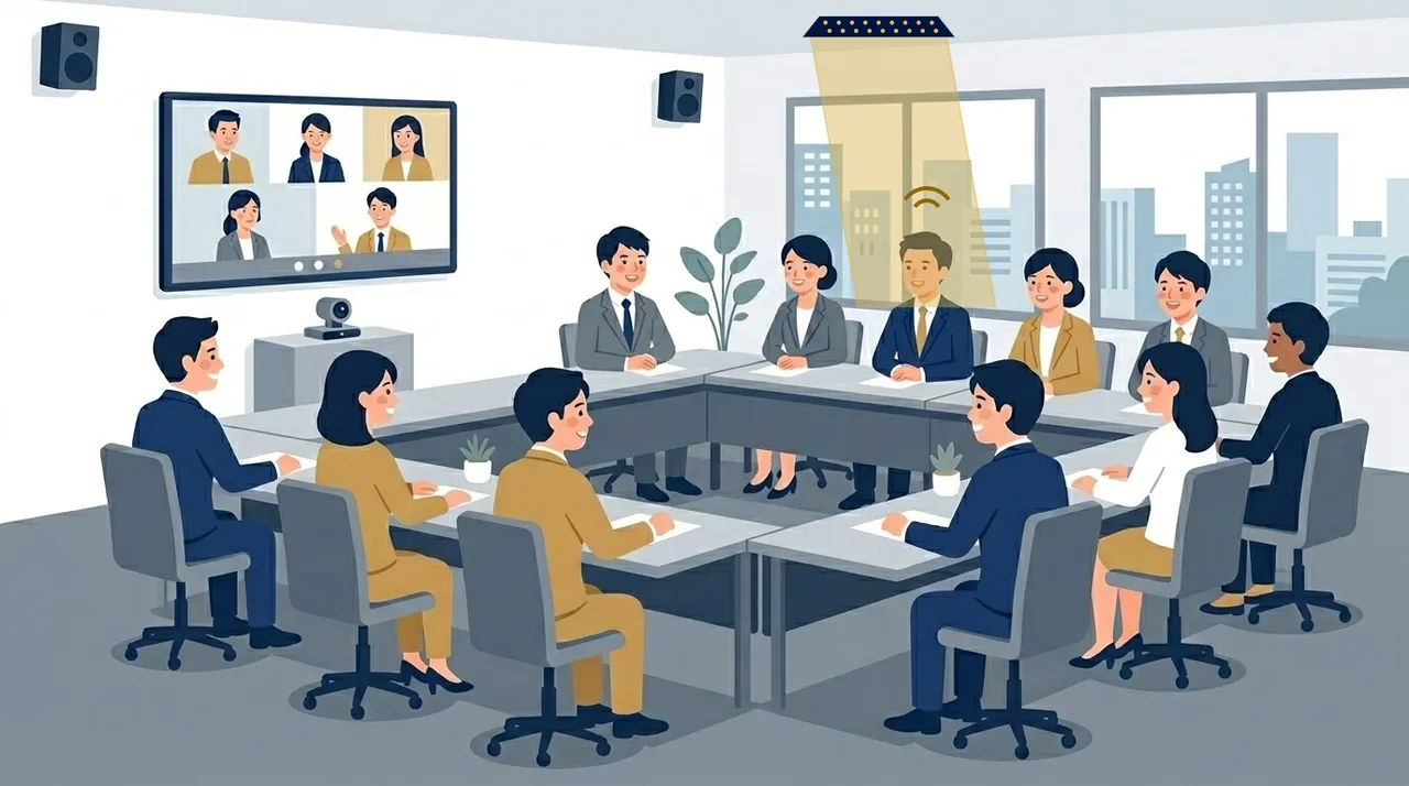 会議室のイラスト。ロの字に並んだ机の参加者が席に座ったまま発言し、前方の画面に映るオンライン参加者がうなずいている。誰もマイクを持っていない。天井のマイクから、話している人の方向へ拾う範囲が向いている。画面の左右にスピーカー、画面の下にカメラがある