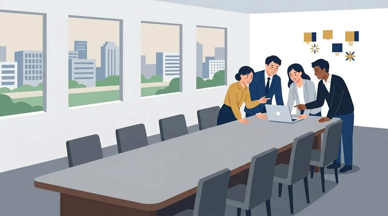 会議室のイラスト。長い会議テーブルの端のノートパソコン1台に4人が身を寄せて画面をのぞき込み、テーブルの反対側の席は空いている