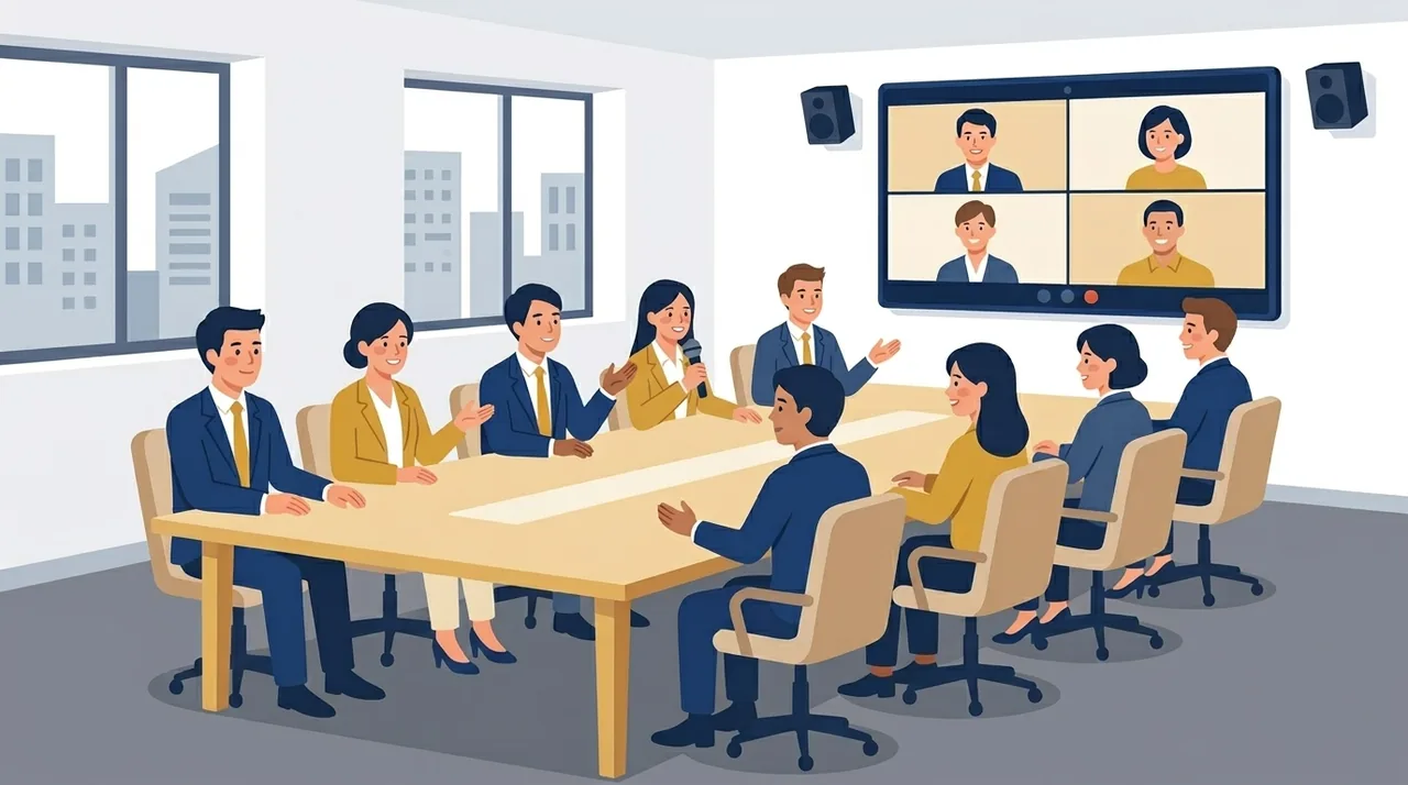 会議室のイラスト。長い会議テーブルの両側に8人ほどが座り、壁の大きな画面に映る遠隔の参加者と会議をしている。画面の左右の壁にスピーカーがあり、発言している人がハンドマイクを持っている