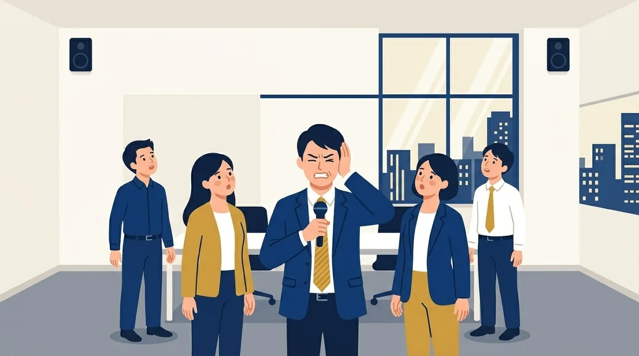 会議室のイラスト。マイクを持った担当者が顔をしかめて耳を押さえ、周りの社員が驚いて壁のスピーカーを見上げている