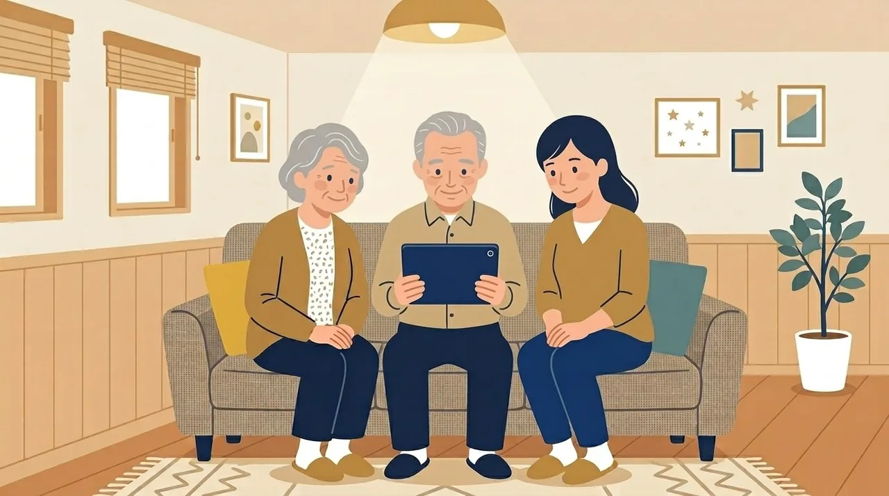 家のリビングのイラスト。祖父母と母親がソファに並んで座り、タブレットの画面をのぞき込んで、園の発表会の配信を笑顔で見ている
