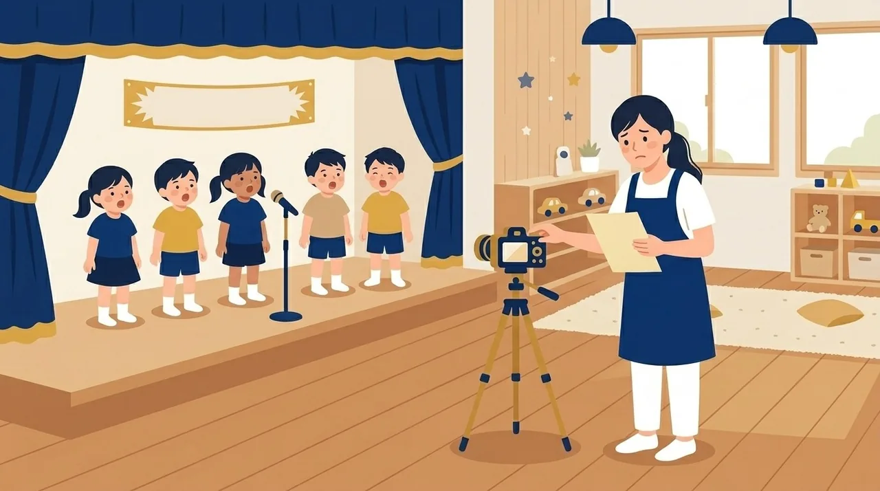 発表会のイラスト。舞台で子どもたちが歌う中、エプロン姿の先生が三脚のカメラと手元の進行表の両方に気を取られて、少し大変そうな顔をしている